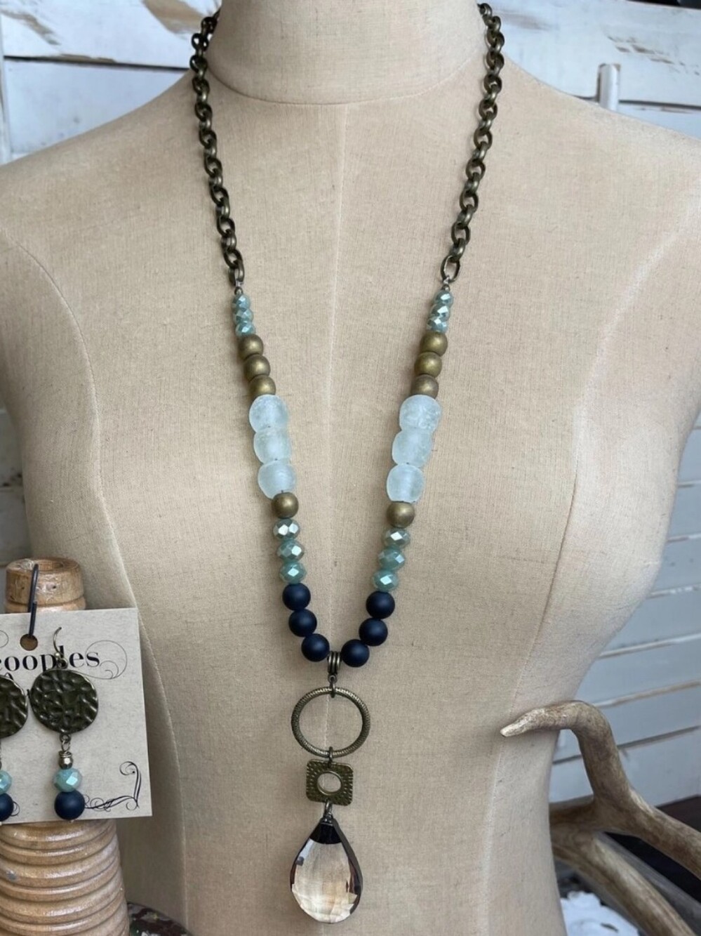 ✨PRICE DROP✨New Boho Black Aqua Seaglass Beaded Necklace w/ Pendant Crystal Drop